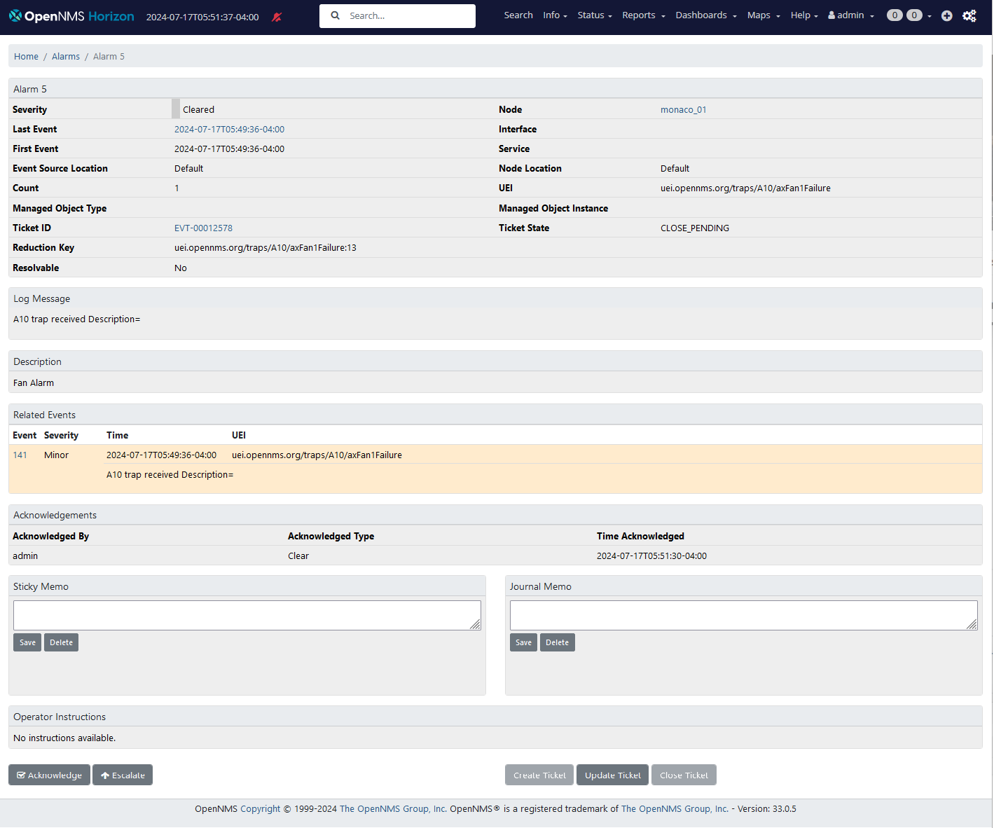 Alarm with a CLOSED associated ticket