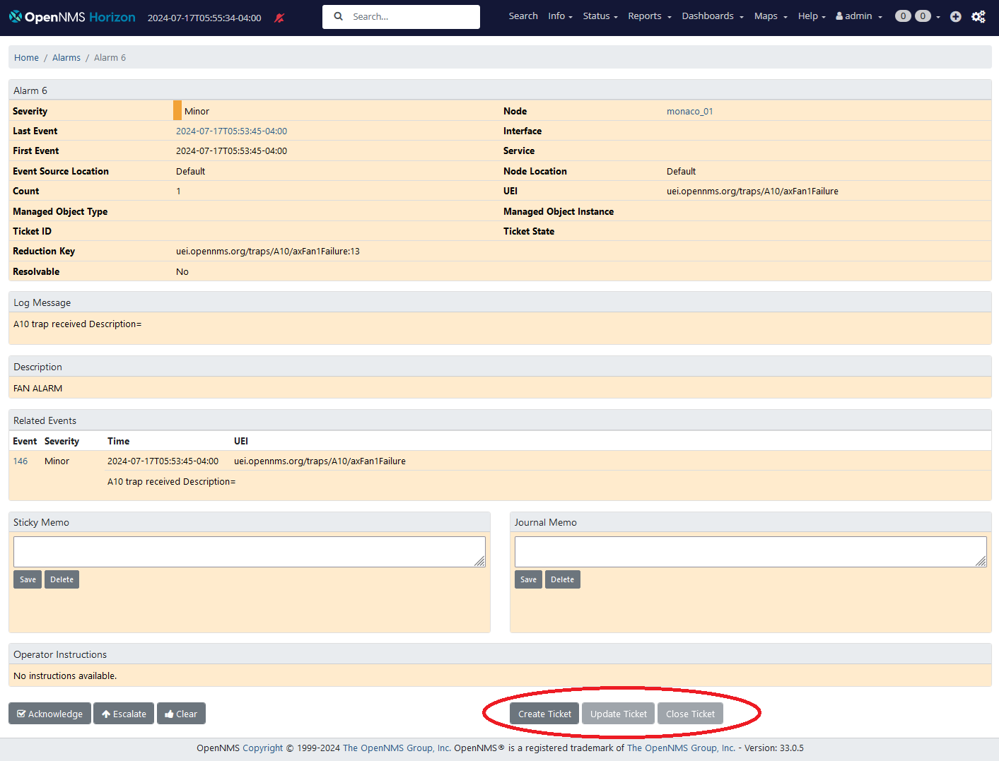 Alarm with no associated ticket