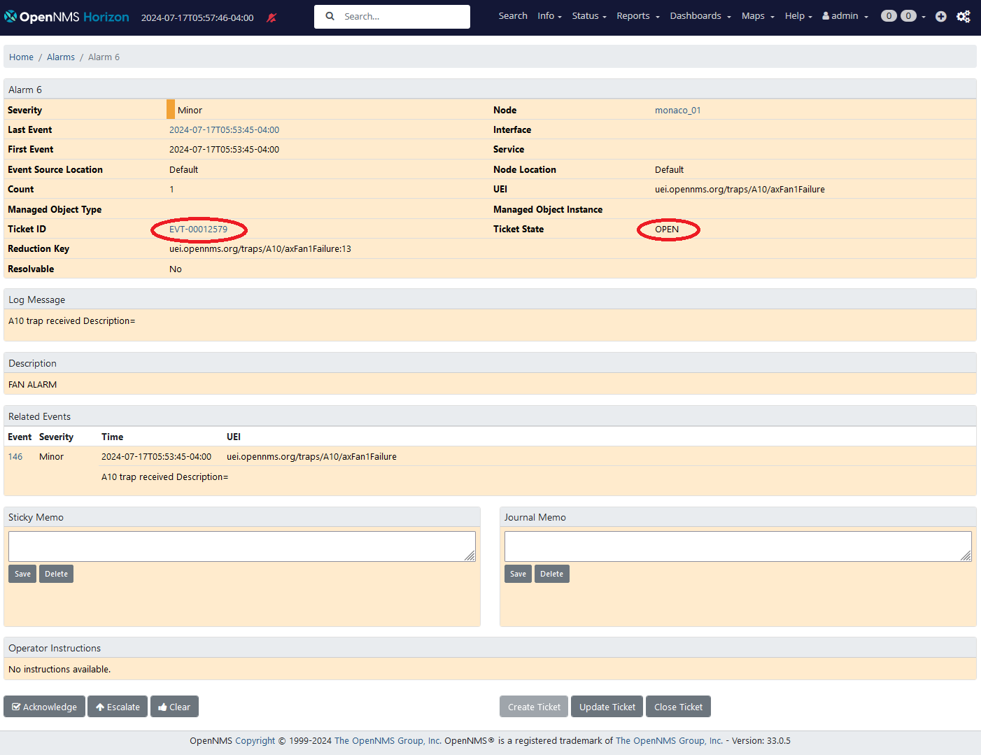 Alarm with an OPEN associated ticket